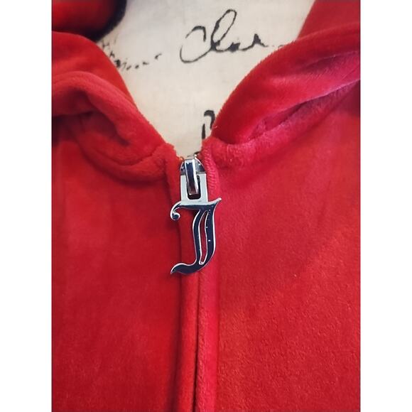 Juicy Couture Red Jeweled Y2K Hooded Velour Tracksuit Set Jacket (L) Pants (XXL) - Picture 6 of 12